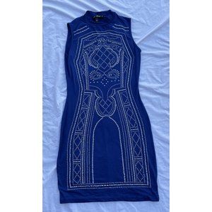Blue Sleeveless Dress with Silver Beaded Design S